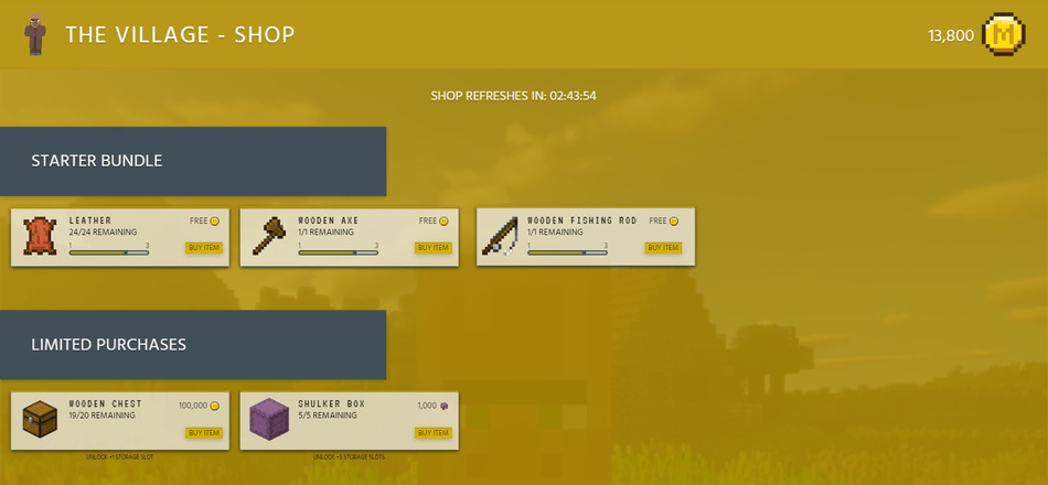 design snapshot of the in-game shop